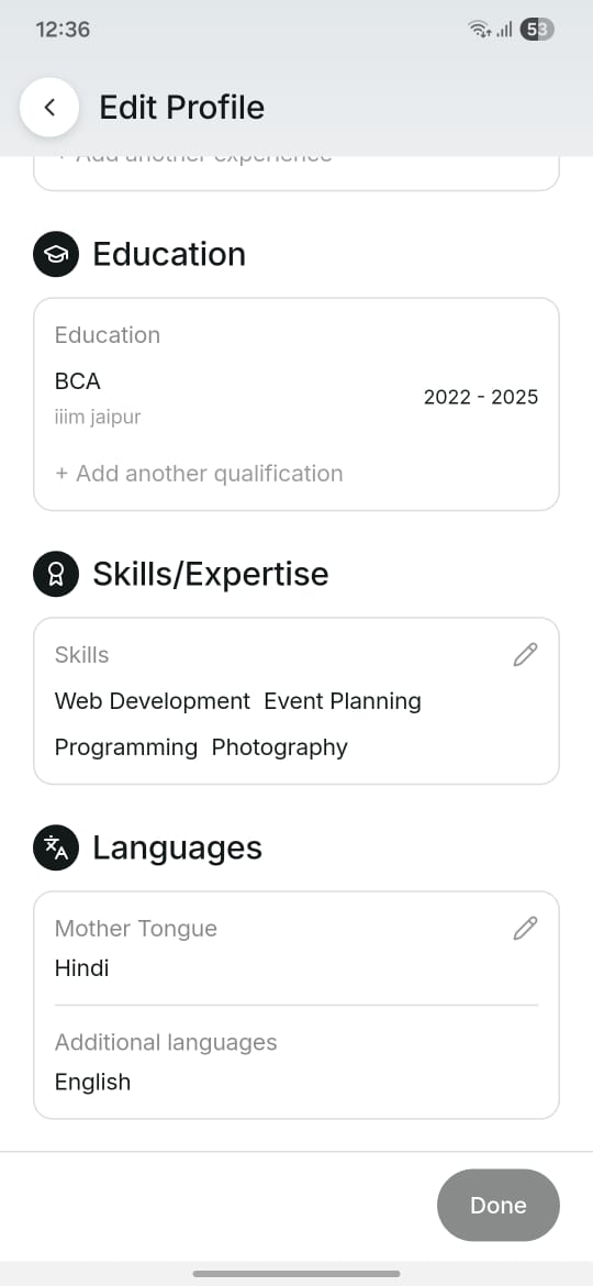 Edit Profile - Show Interests & Skills